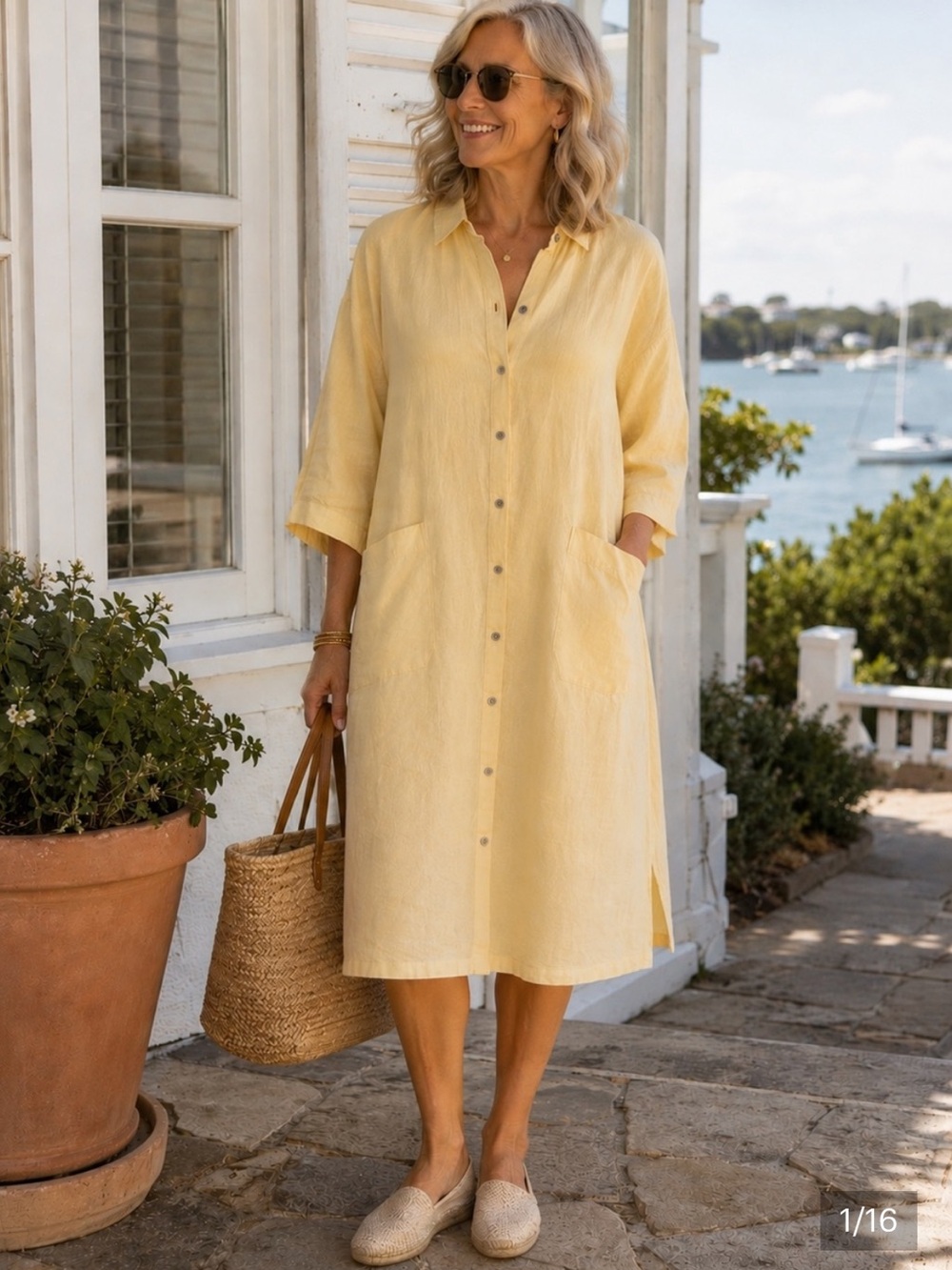 Pure Jill 100% Linen Yellow Shirt Dress Relaxed Coastal